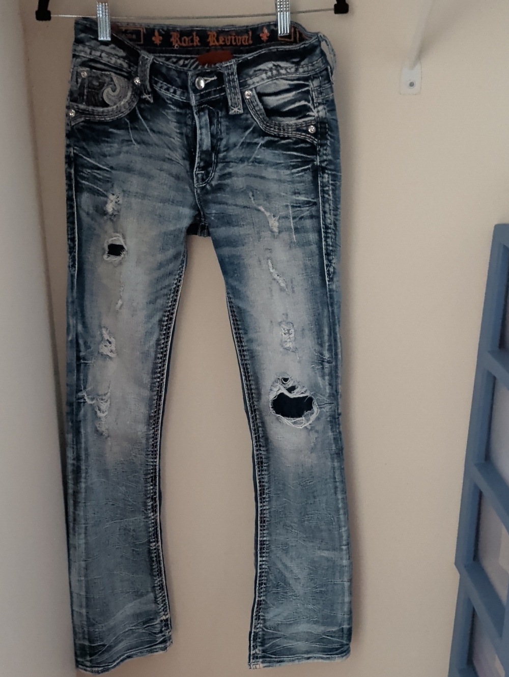 Rock Revival Women's Light Blue Distressed Boot Cut Jeans Size 25